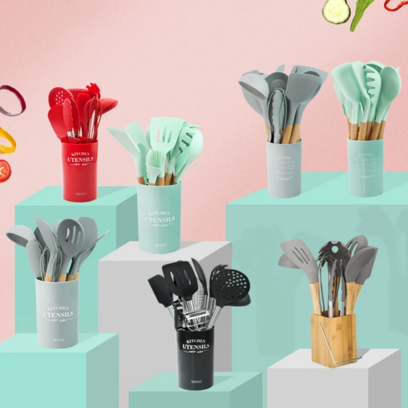 

Kitchen Silicone Non-stick Pot Spatula Silicone High Temperature Resistant Cooking Spatula Spoon Kitchenware 10/11-piece Set Hot