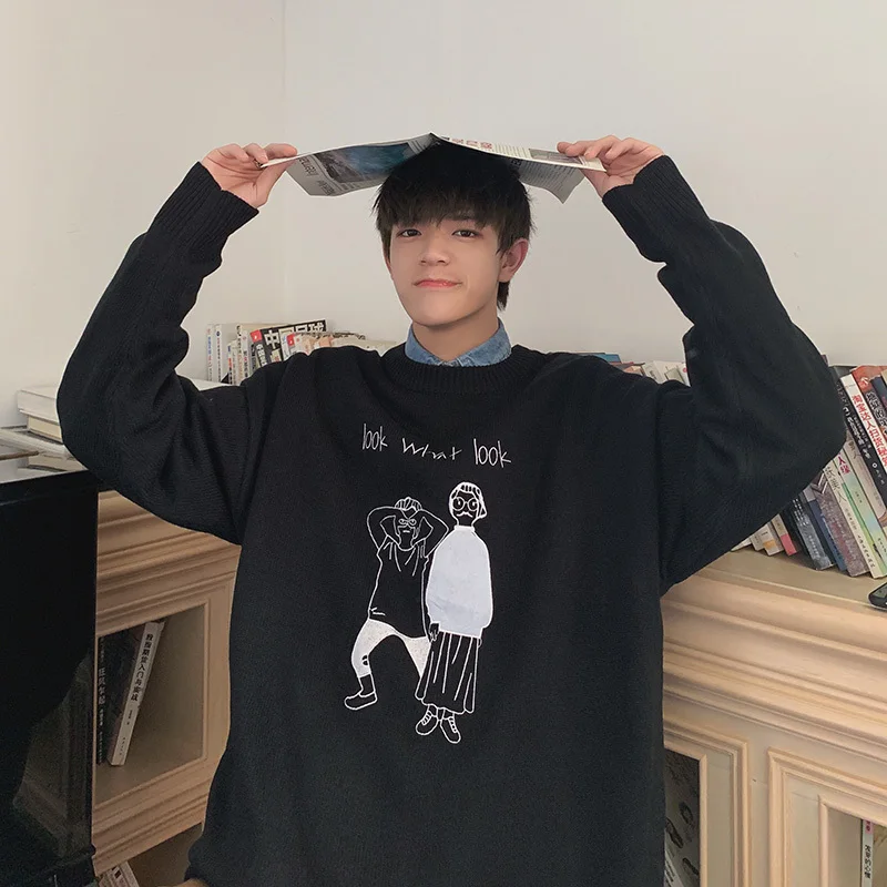 Мужской пуловер с круглым вырезом повседневный свободный свитер вышивкой серого