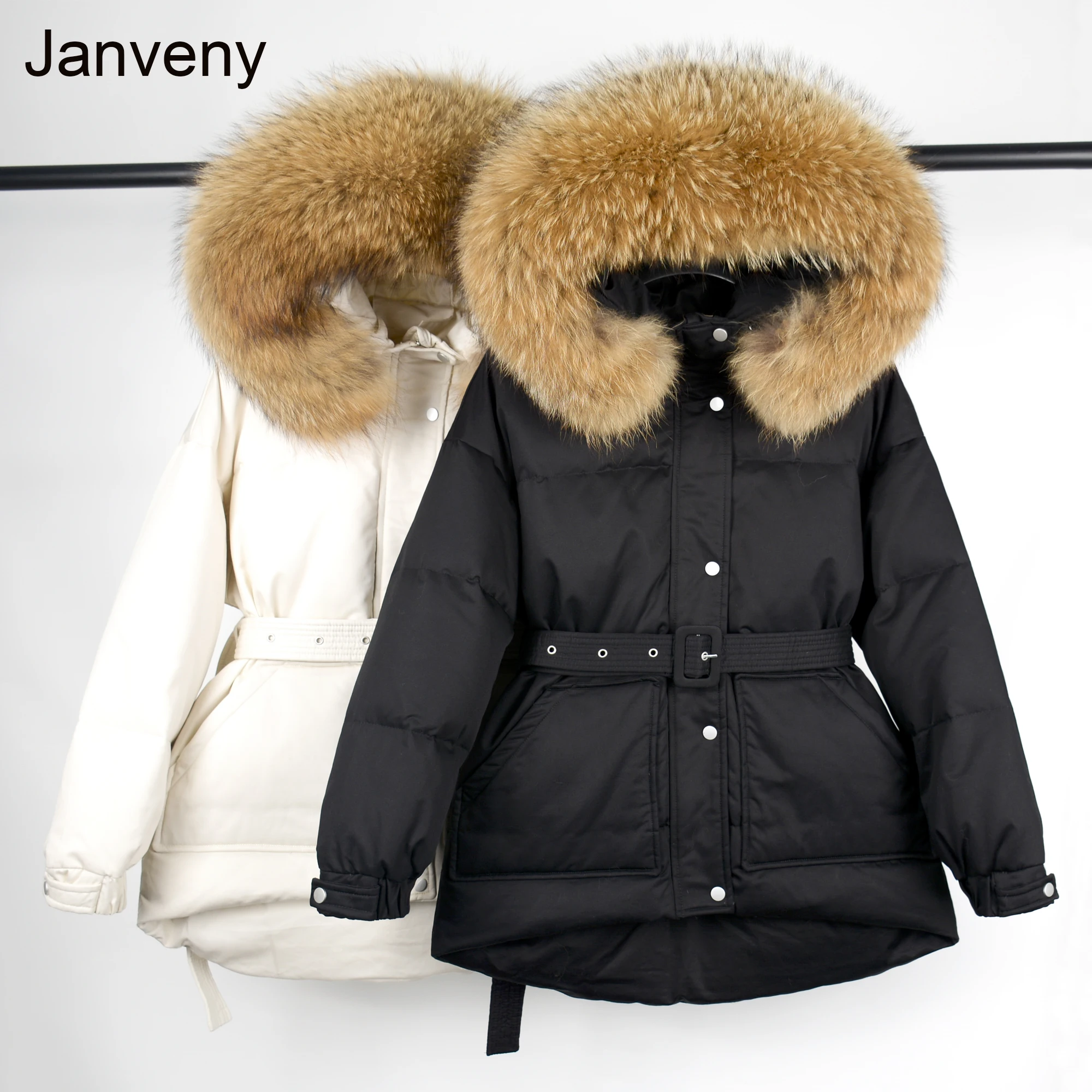 

Женский пуховик с капюшоном Janveny, зимняя куртка с большим капюшоном из натурального меха енота, 90% пуховое пальто на белом утином пуху, толст...