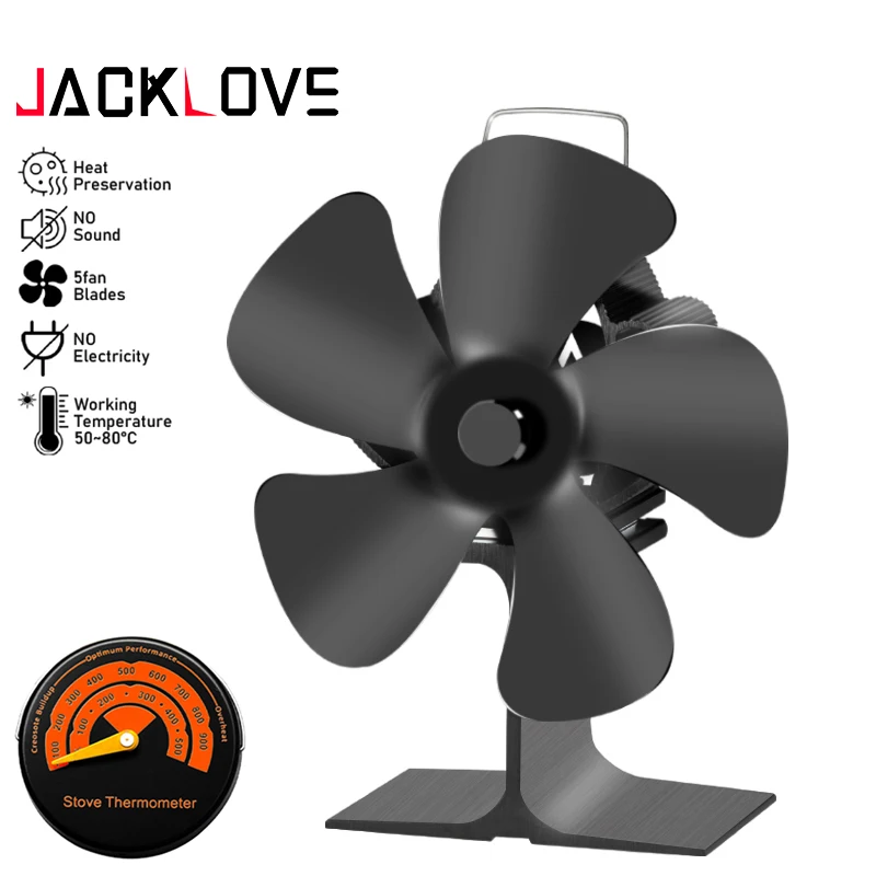 

Black Fireplace 5 Blades Heat Powered Stove Fan Log Wood Burner Eco-fan Quiet Home Fireplace Fan Efficient Heat Distribution
