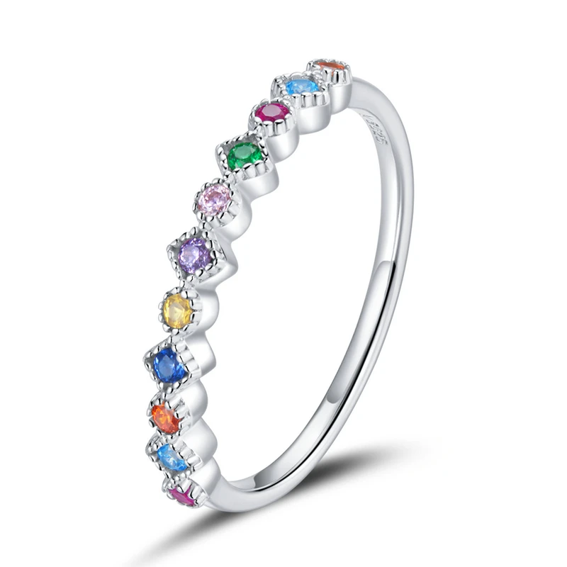 

bamoer Rainbow Color CZ Finger Rings for Women Stackable Wedding Statement Authentic Sterling Silver 925 Jewelry SCR583