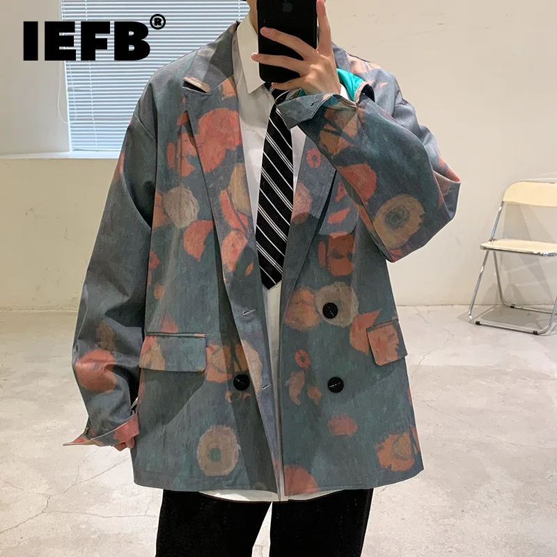 

IEFB Casual Suit Coat Men's High Street Trendy Vintage Printting Single Breasted Suit Jacket Casuak Korean Fashion Blazer 9Y9474