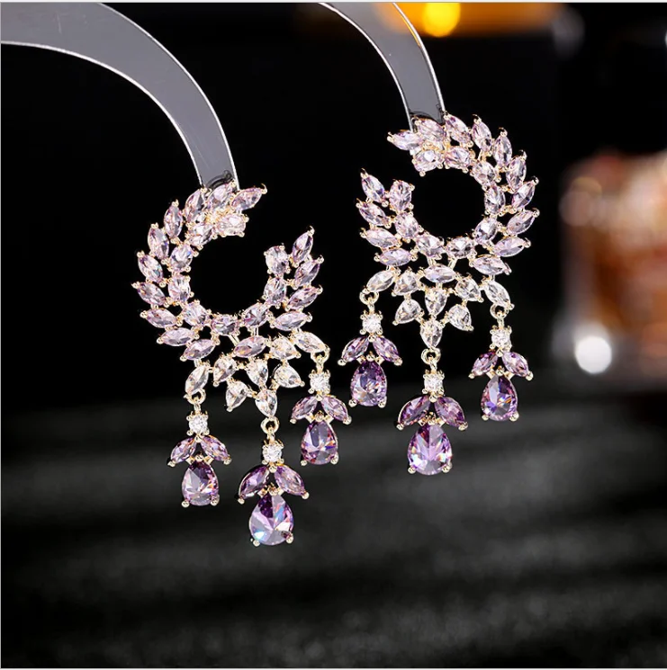 

Женские серьги с инкрустацией из циркония, модные темпераментные серебряные серьги-гвоздики с кисточками, оливковые серьги-ветки