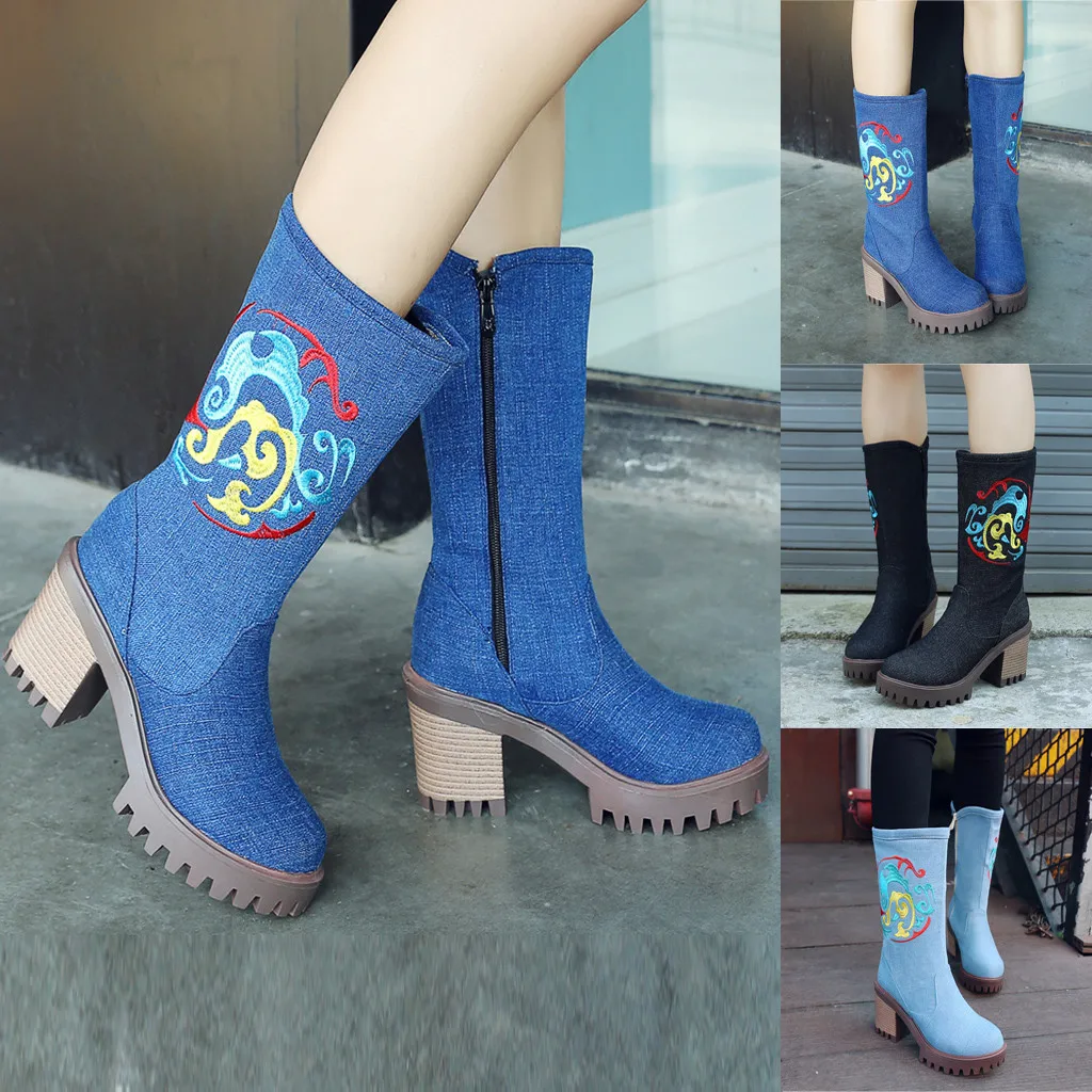 Женские высокие сапоги из джинсовой ткани в богемном стиле Замшевая обувь на