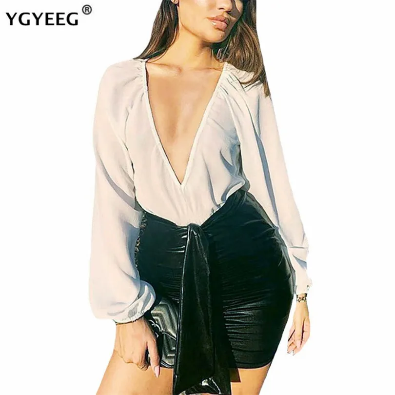 

YGYEEG Autumn Sexy Bodysuits Long Sleeve Bodysuit Women Fashion Body Mujer Jumpsuits V Neck Casual Pleated Playsuits Femininas