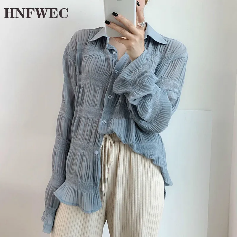 New 2020 Summer Spring Korea Style Hollow Out Turn-down Collar Full Sleeve Single Breasted Women Loose Shirt Z932 |