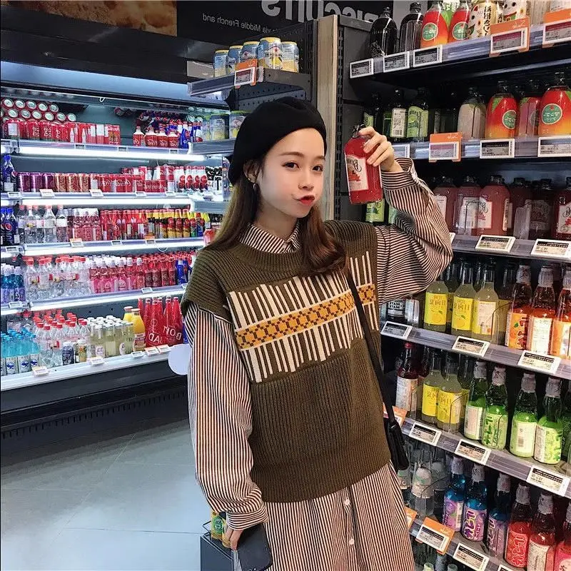 

Vests Women Lovely Harajuku Koran Chic Geometric Design Ladies Knitted Vest Sleeveless All-match Fashion Simple Leisure Teens