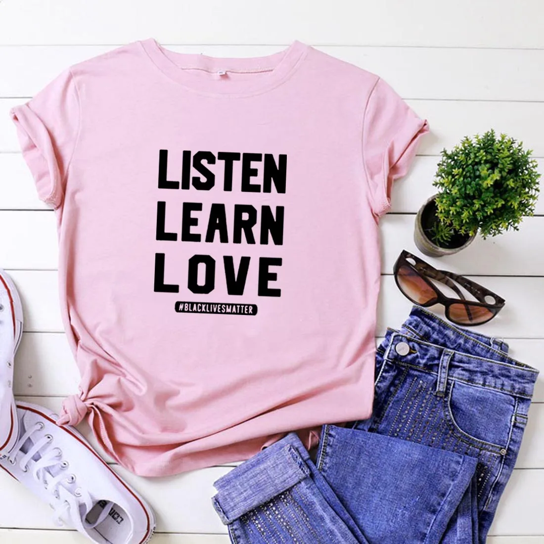 Listen Learn Love Funny T Shirts Women Tshirt Loose Camiseta Mujer Short Sleeve Cotton Black White Tee Shirt Femme | Женская одежда