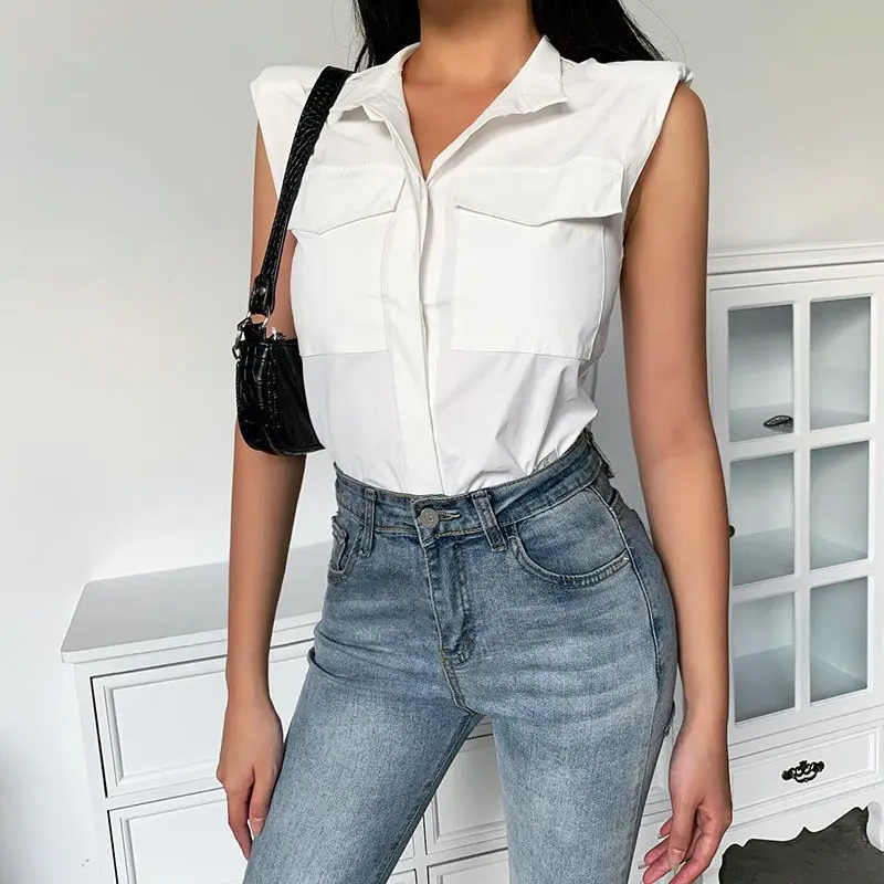 

Temperament Summer Women Sleeveless Blouses Fashion White Simplicity Femme Shirt Thin Shoulder Pads Vest Office Lady Casual Tops