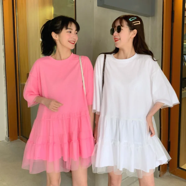 Платье футболка женское свободного покроя с рукавом до локтя и оборками|Женские