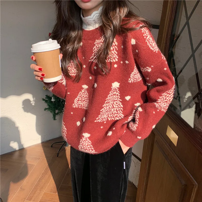 Sweater Women Christmas Tree Knitted Long Sleeve Round Neck Ladies Jumper Fashion Casual Winter Autumn Pullover Clothes NS4976 | Женская