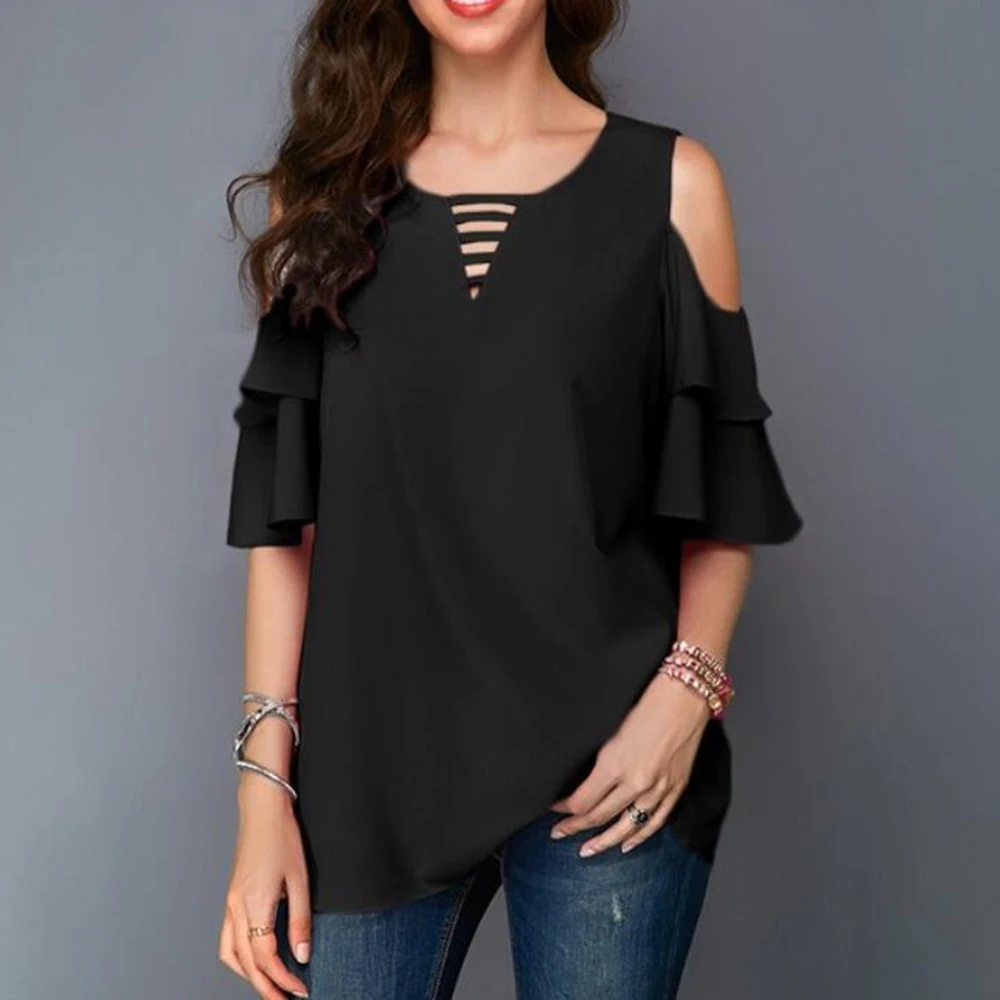 

YMING Summer Women Blouse Ruffle Shirts Ladies Tops V Neck Bandage Tunic Female Blusas Short Sleeve Shirts
