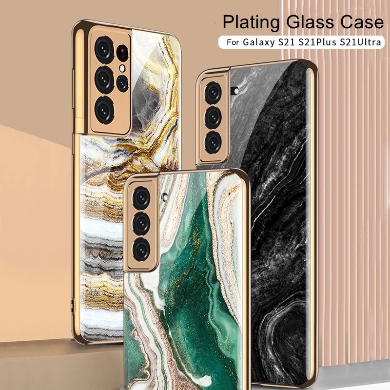 

Case For Samsung galaxy S21 Ultra 5G Glass Case Plating Soft TPU Frame Marble Hard Glass Back Cover for Galaxy S21 Plus
