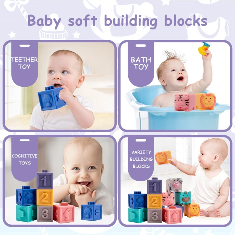 

3D Touch Hand Balls Cube 12pcs Emboss Bath Teether Squeeze Silicone Educational Building Blocks baby teether Toys Rubber Massage