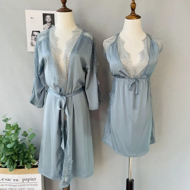

Lace Hollow Out Robe Set Women Satin Kimono Gown Sexy V-neck Sleep Set Silky Bathrobe Gown Female Nighty&Robe Set Loungewear