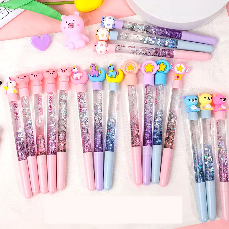 

24 pcs/lot Unicorn Flamingo Pig Panda Bear Quicksand Oil Gel Pen Cute Black ink Neutral Pens Office School Writing Supplies gift