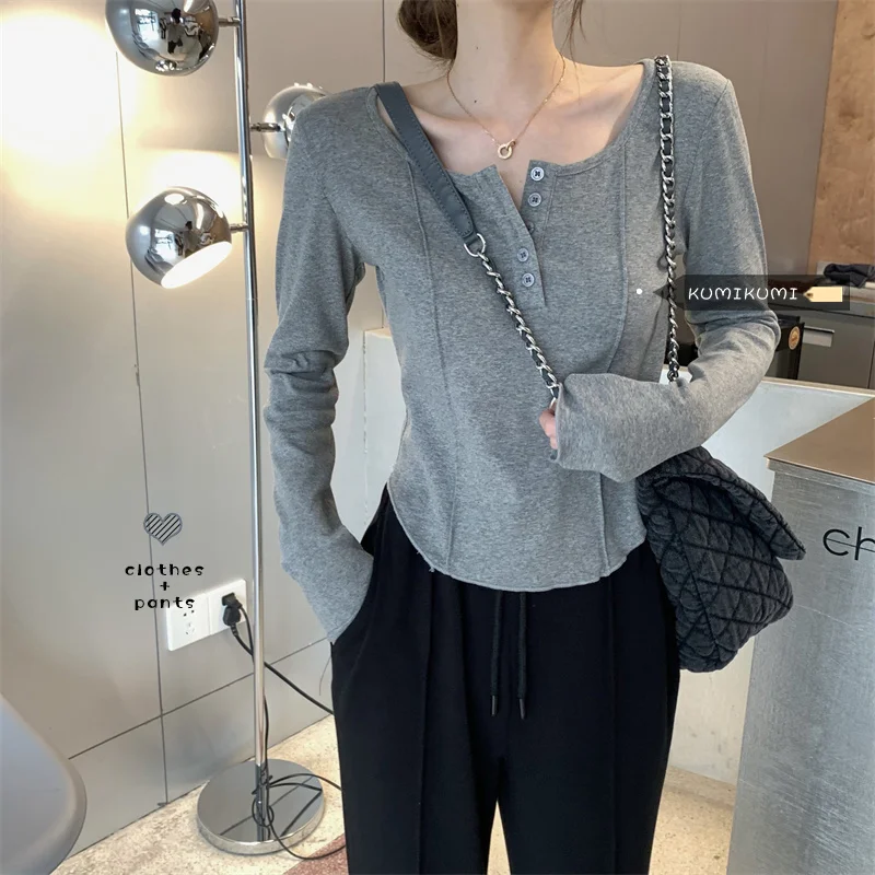 

Slim Fit Versatile Long Sleeve Bottoming Shirt Solid Color Pullover T-shirt Women's Winter Short Sweet
