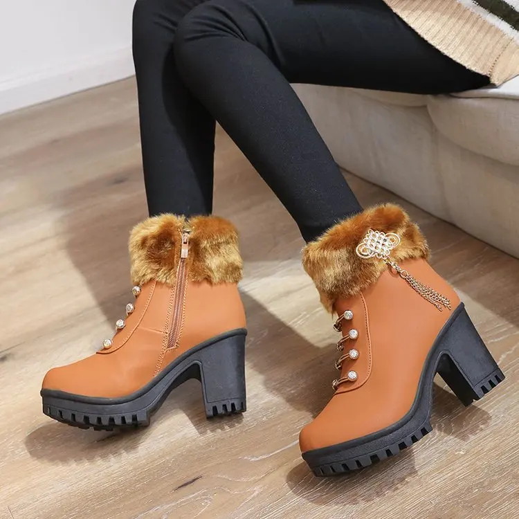 Зимние женские ботинки повседневные ботильоны без шнуровки однотонные теплые на
