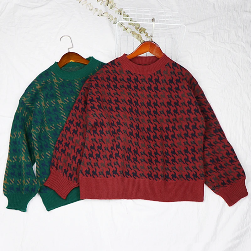 Женский винтажный свитер в клетку с рукавами-фонариками Свободный Вязаный топ