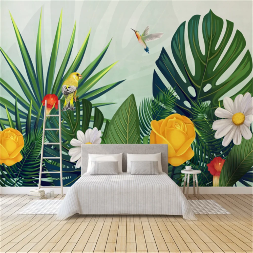 

Custom Mural Wallpaper Hand Drawn Tropical Forest Colorful Parrot Background Wall Painting