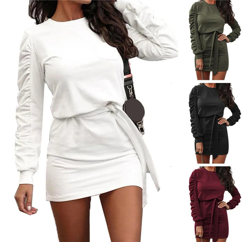 

Autumn Long Sleeve Casual Pleated Dress 2021 Winter Solid Women Round Neck Sashes Dress Female Bandage Mini Dress