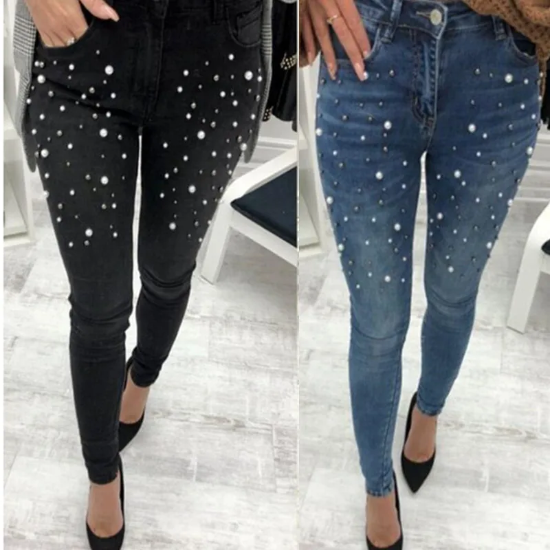 

New Women Fashion Pearled Slim Denim Pants Boyfriend Jeans Trousers Ladies Womens Daily Casual Jean Pant Clothing