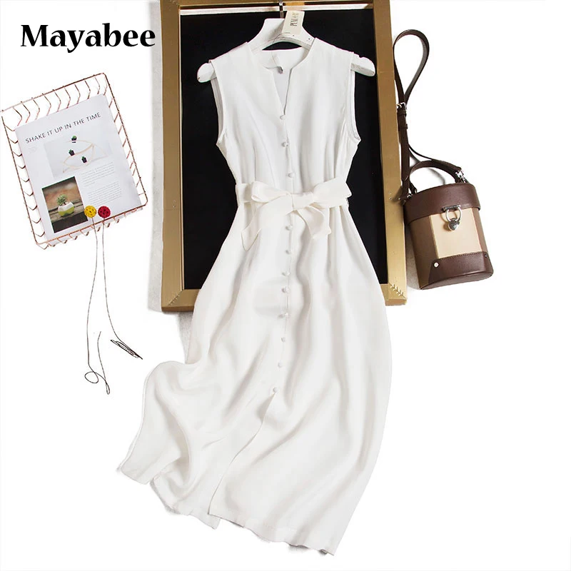 

Small V-Neck Belt Sleeveless Silk Shirt Dress 2021 Spring And Summer New Button Women's Solid Color