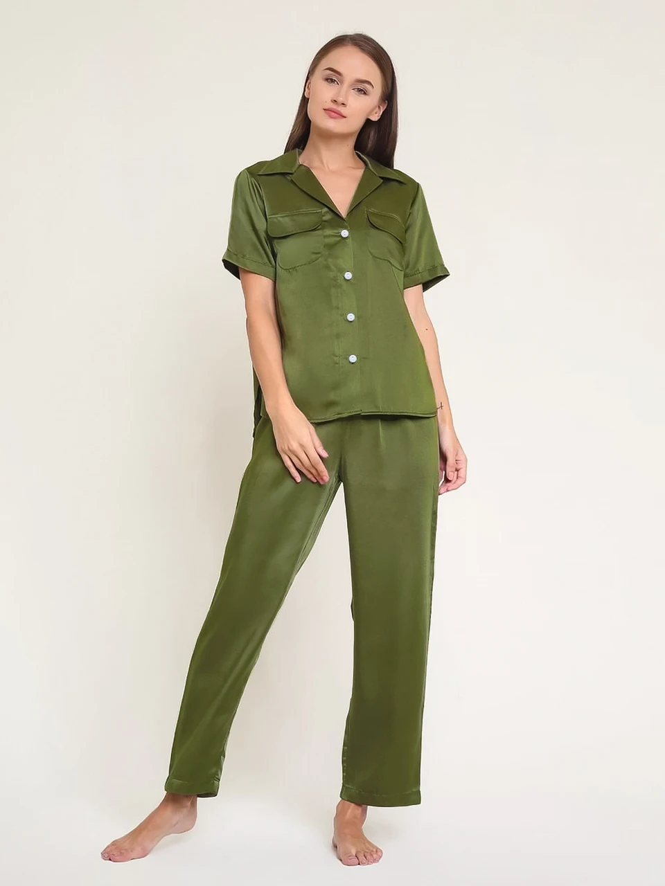 

Linad Solid Satin Women's Pajamas Set Short Sleeves Pockets Set Woman 2 Pieces Green Turn-Down Collar Causal Home Suit For Women