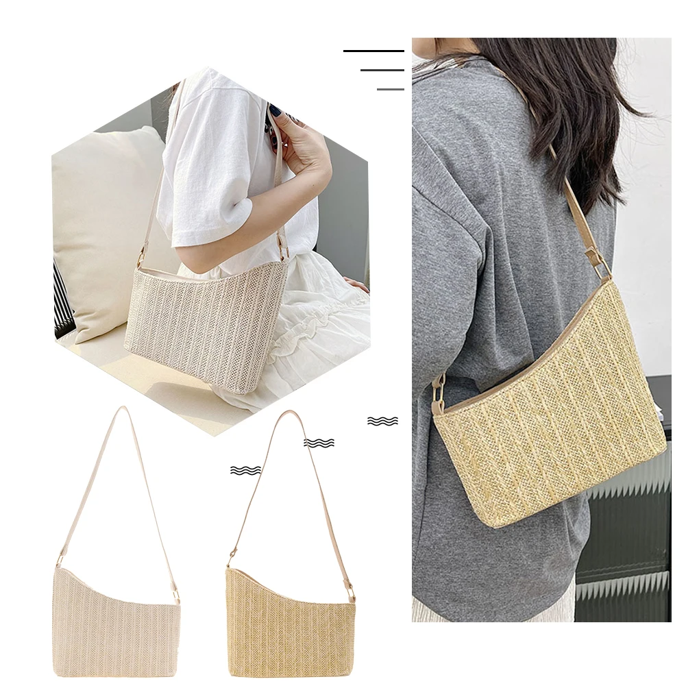 

Female Shoulder Bags Straw Woven Large Capacity Handbags Casual Women Shoulder Tote Bags with Zipper for Shopping
