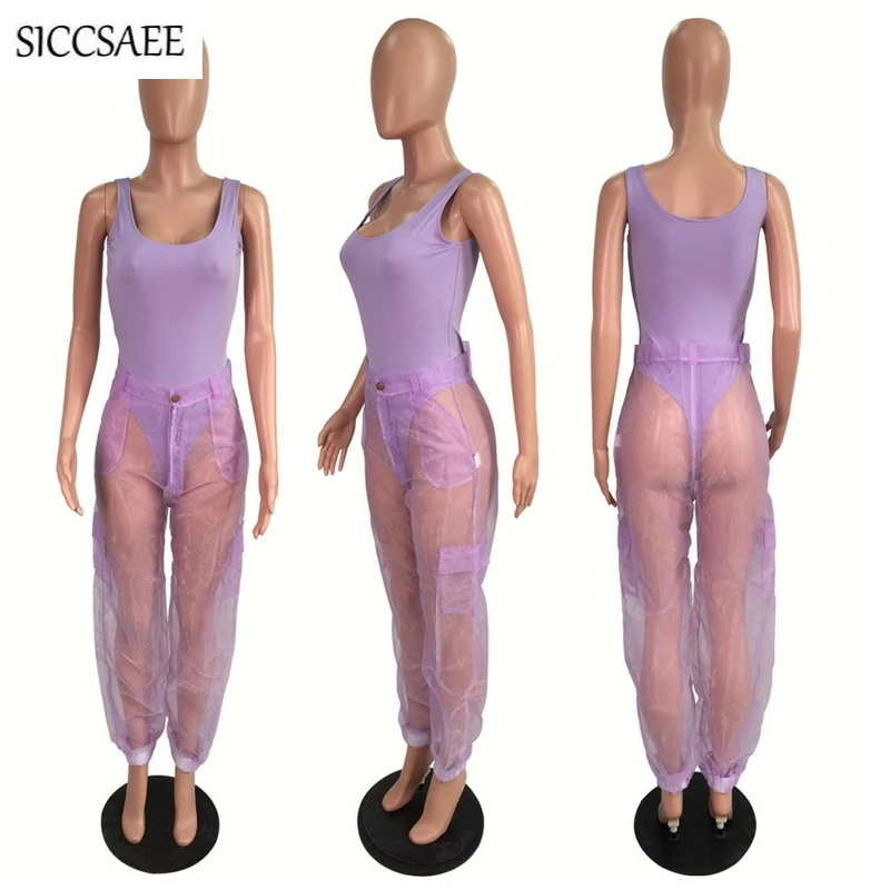 

2019 Hippie Rock Streetwear Bodycon Bodysuit See Through Organza Pants Two Piece Set Solid Color Sexy Casual Outfits For Women