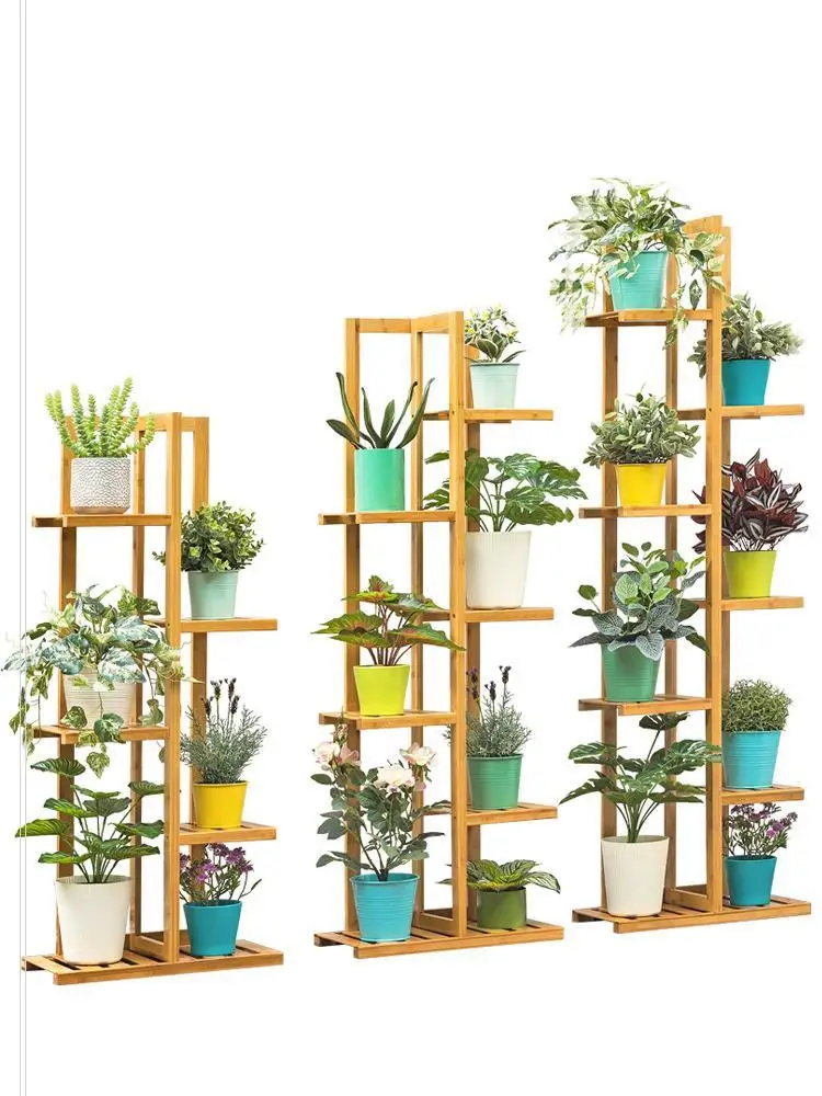 

Floor-standing storage decorative flower shelf multi-level indoor balcony green porridge solid wood living room style decoration