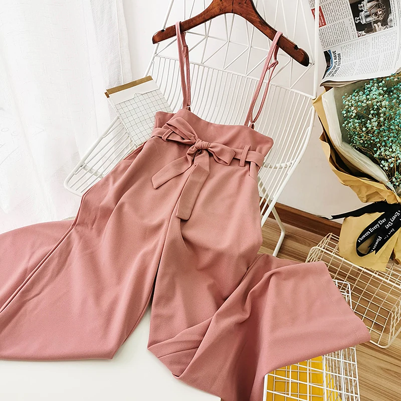 

HELIAR Women Long Jumpsuits With Waist Belt Spaghetti Rompers Women Wide Leg Long Trousers Camis Jumpsuits For Women Outfit