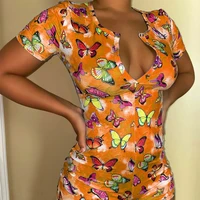 plus size new summer button butterfly print short sleeve jumpesuit women bodycon romper sexy female club streetwear clothes lady
