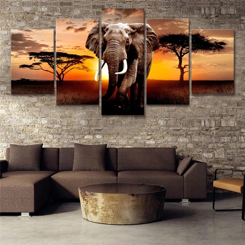 

Картины на холсте, домашний декор, 5 шт., ходящий слон, закат, пейзаж Африки, луг, живопись, принты, постер, настенное искусство для гостиной