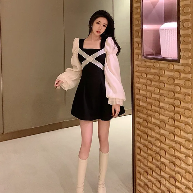 

KUSAHIKI Korean Patchwork Hit Color Dresses Bow Tie Square Collar Puff Sleeve Vestidos Femme High Waist A-line Dress 6E998