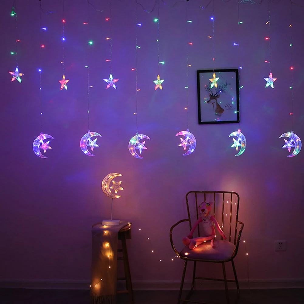 

Light Garland Ramadan Mubarak 12 Moon/Star Lamp 220V EU Birthday Lights Curtain Decorations for Home Window