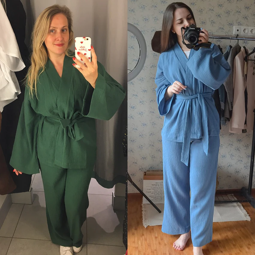 Restve Cotton Women's Nightgown 2 Pieces Set Drop Sleeves Robe Trouser Suits Flare Female Pajamas Summer Bathrobe For Woman 2022