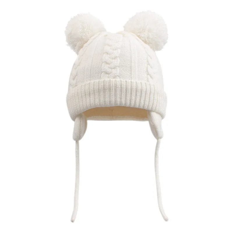 Solid Baby Earflap Hat Thicken Warm Toddler Kids Boys Girls Beanie Cap Infant Polyester Winter Pompom with Chinstrap Stay On | Детская