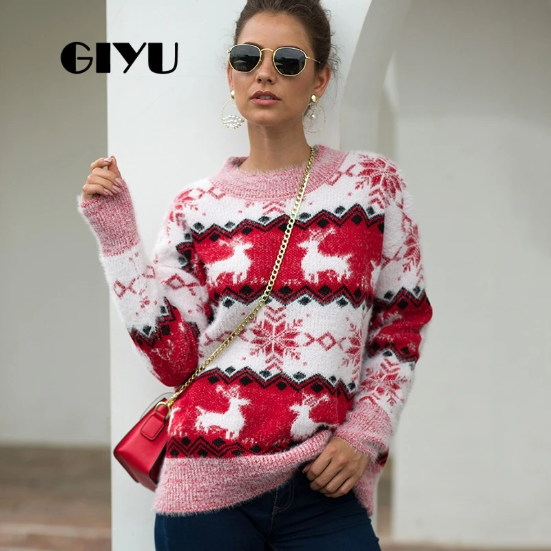 GIYU свитер с круглым вырезом и лосем в стиле пэчворк свободный Осень зима вязаные