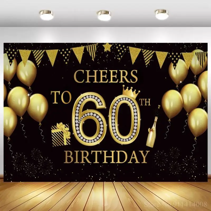 

Happy 60th 50th Birthday Theme Party Gold Glitter Balloons Champagne Backdrop For Photography Black Congraduation Background