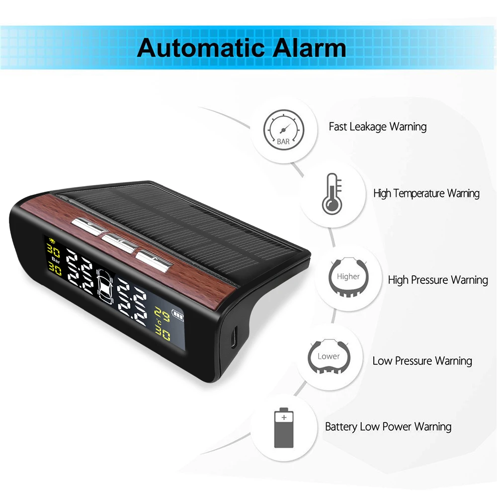 Автомобиль TPMS Солнечная сигнализация давления в шинах высокая температура мониторинг оповещение с 4 колесами внешние датчики Предупреждение безопасности