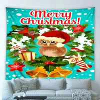 cartoon christmas tapestry owl christmas hat bell wreath new year holiday gift wall hanging cloth kid child bedroom home decor