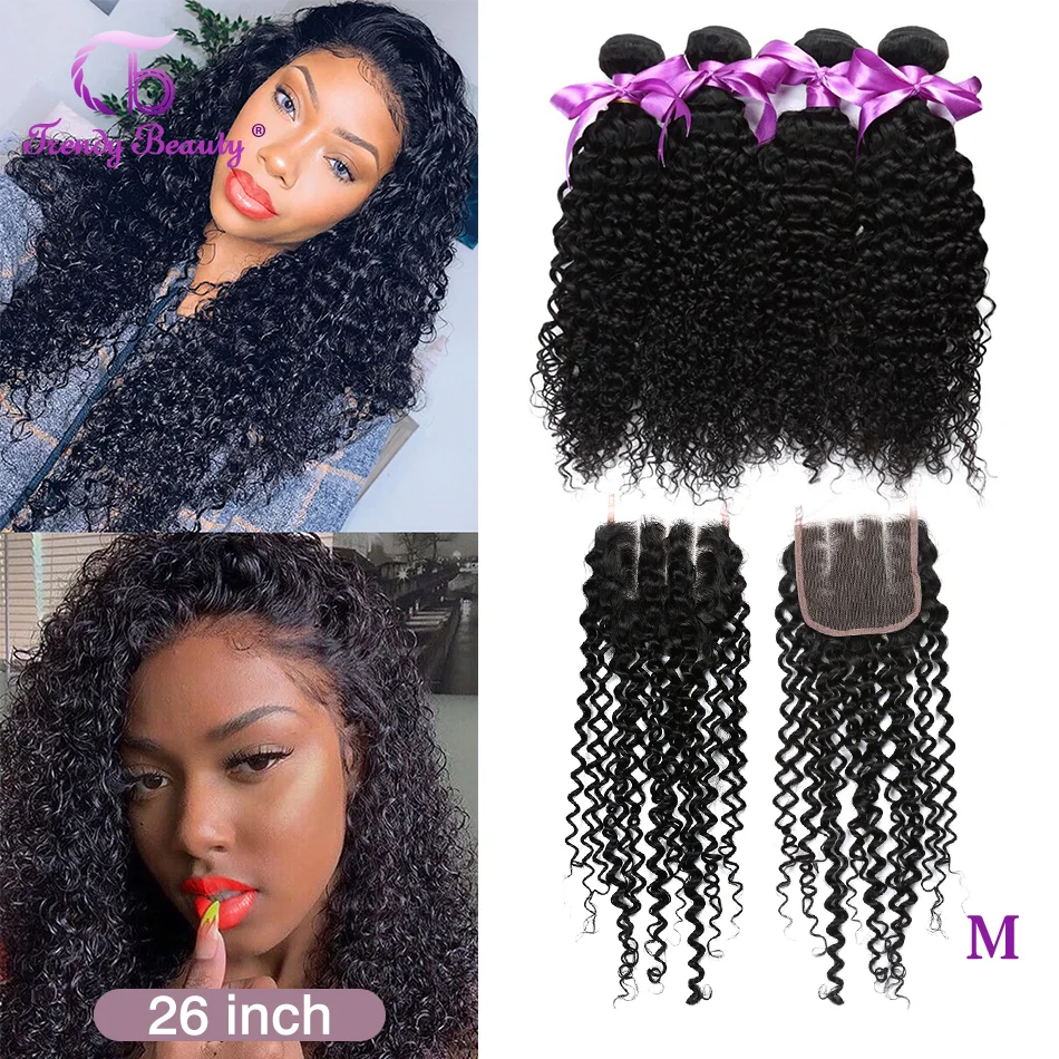 Peruvian Kinky Curly Hair 4Bundles with Closure Human Hair Extensions 8-28 Inches Middle/Free/Three Double Weft Trendy Beauty