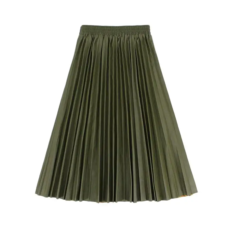 Army Green Осенняя мода, новая плиссированная юбка из искусственной кожи, эластичная высокая талия, универсальная женская юбка - Цвет: Army Green