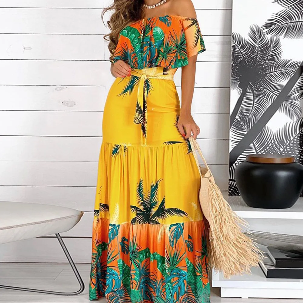 

2021 Women Sexy Floral Dress Short Sleeve Summer Split Maxi Beach Sundress Off Backless Dress Boho Long Dresses Vestidos Femme