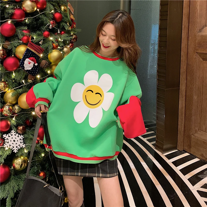 

XZ746 2021 loose mid-length contrast color stitching cartoon printing plus velvet thickening long-sleeved Sweatshirts women