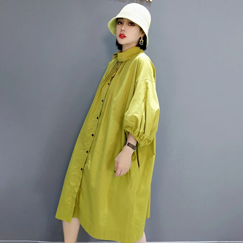 

SHENGPALAE Green Shirt Derss Women's Summer 2021 New Scarf Collor Single Breasted Half Sleeve Knee-length Dresses Female 5C976