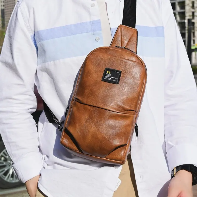 

2021Newest Fashion Men's Leather Sling Pack Chest Shoulder Crossbody Bag Biker Satchel Men Briefcases Hot Sales