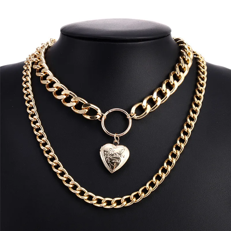 

Christmas Birthday Gift Heart-Shaped Detachable Pendant Punk Exaggerated Double-Layer Simplicity Chain Short Necklace
