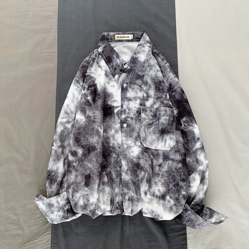Camo рубашка Мужская модная повседневная рубашка с принтом Tie-dye Мужская Уличная Свободная рубашка с длинными рукавами Мужская s M-2XL